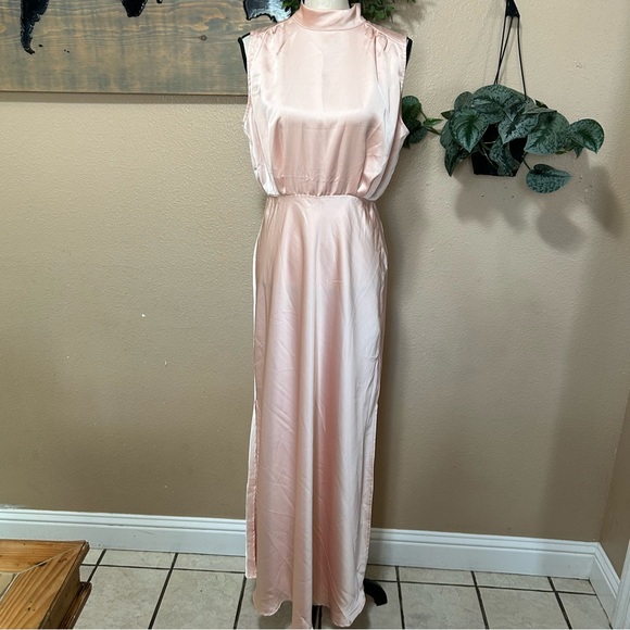 Classic Elegance Blush Satin Sleeveless Mock Neck Maxi Dress - Picture 1 of 9